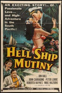 8p408 HELL SHIP MUTINY 1sh '57 Jon Hall kisses tropical bikini babe, Peter Lorre!