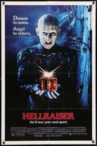 8p410 HELLRAISER 1sh '87 Clive Barker horror, great image of Pinhead, he'll tear your soul apart!
