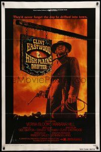 8p422 HIGH PLAINS DRIFTER 1sh '73 Ron Lesser art of Clint Eastwood holding gun & whip!