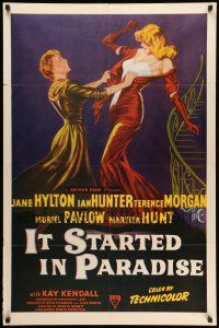 8p492 IT STARTED IN PARADISE 1sh '53 English fashion designer Jane Hylton wants to stay on top!