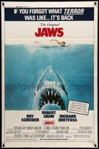 8p501 JAWS 1sh R79 art of Steven Spielberg's classic man-eating shark attacking sexy swimmer!