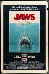 8p500 JAWS 1sh '75 art of Spielberg's classic man-eating shark attacking swimmer!