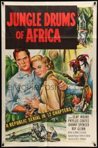 8p522 JUNGLE DRUMS OF AFRICA 1sh '52 Clayton Moore with gun & Phyllis Coates, Republic serial!