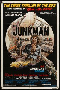 8p523 JUNKMAN 1sh '82 junk cars to movie stars, over 150 cars destroyed, cool art by Jensen!