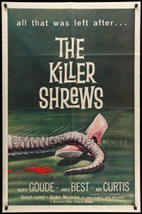 8p533 KILLER SHREWS 1sh '59 classic horror art of all that was left after the monster attack!
