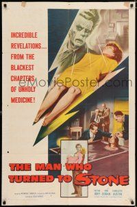 8p625 MAN WHO TURNED TO STONE 1sh '57 Victor Jory practices unholy medicine, cool sexy horror art!
