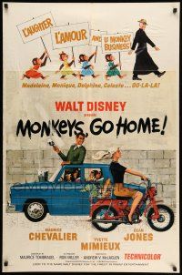 8p657 MONKEYS GO HOME 1sh '67 Disney, art of Maurice Chevalier, Yvette Mimieux & apes!