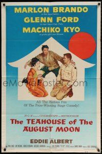 8p898 TEAHOUSE OF THE AUGUST MOON 1sh '56 art of Asian Marlon Brando, Glenn Ford & Machiko Kyo!