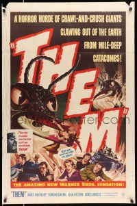 8p001 THEM 1sh '54 classic sci-fi, cool art of horror horde of giant bugs terrorizing people!