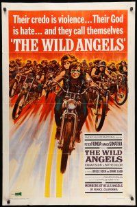 8p974 WILD ANGELS 1sh '66 classic art of biker Peter Fonda & sexy Nancy Sinatra on motorcycle!