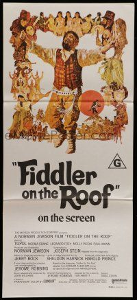 8r746 FIDDLER ON THE ROOF Aust daybill '71 cool artwork of Topol & cast by Ted CoConis!