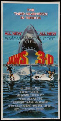 8r809 JAWS 3-D Aust daybill '83 Gary Meyer shark artwork, the third dimension is terror!