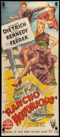 8r889 RANCHO NOTORIOUS Aust daybill '52 Fritz Lang, stone litho of Marlene Dietrich showing leg!