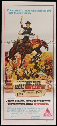 8r949 SUPPORT YOUR LOCAL GUNFIGHTER Aust daybill '71 wacky art of cowboy James Garner on donkey!