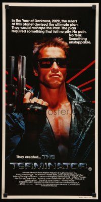 8r962 TERMINATOR Aust daybill '84 super close up of classic cyborg Arnold Schwarzenegger with gun