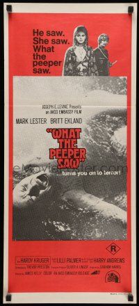 8r988 WHAT THE PEEPER SAW Aust daybill '72 Mark Lester, sexy Britt Ekland, Hardy Kruger