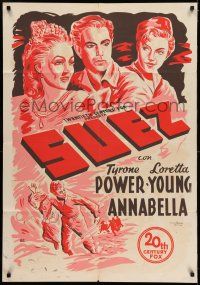8r339 SUEZ Colombian poster '38 art of Tyrone Power with pretty Loretta Young & Annabella!