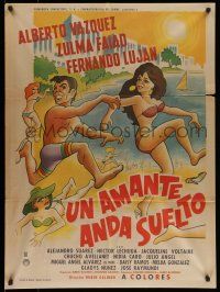 8r361 UN AMENTE ANDA SUELTO Mexican poster '70 wacky art of couple on beach!