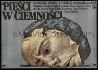 8t489 FISTS IN THE DARK Polish 27x38 '87 surreal Wieslaw Walkuski art of crushed face on a rock!