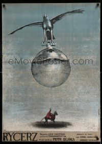 8t504 KNIGHT Polish 27x38 '80 Rycerz, Andrzej Pagowski art of bird w/ball over knight on horse!