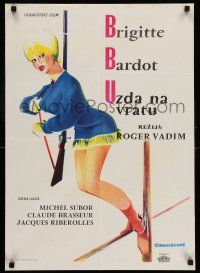 8t410 ONLY FOR LOVE Yugoslavian 20x28 '63 sexy full-length Brigitte Bardot w/rifle, Roger Vadim!