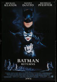 8w060 BATMAN RETURNS white date style advance 1sh '92 Keaton, Danny DeVito, Pfeiffer, Tim Burton!