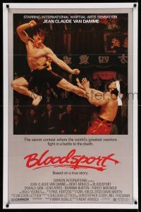 8w090 BLOODSPORT 1sh '88 cool image of Jean Claude Van Damme kicking Bolo Yeung in his huge pecs!
