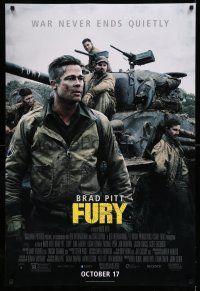 8w292 FURY advance DS 1sh '14 great image of soldier Brad Pitt and cast with tank!