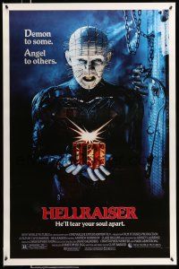 8w364 HELLRAISER 1sh '87 Clive Barker horror, great image of Pinhead, he'll tear your soul apart!