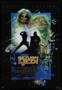 8w653 RETURN OF THE JEDI style E advance 1sh R97 George Lucas classic, cool montage artwork by Drew