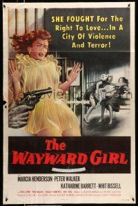 8w833 WAYWARD GIRL 1sh '57 great artwork of bad girl in nightie & fighting in prison!