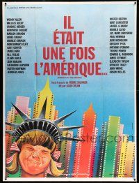 8y789 AMERICA AT THE MOVIES French 1p '76 Claudine Mercier art of kid dressed as Lady Liberty in NY