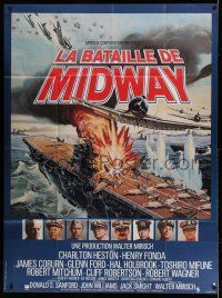 8y900 MIDWAY French 1p '76 Charlton Heston, Henry Fonda, dramatic World War II naval battle art!
