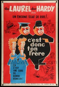 8y063 OUR RELATIONS French 32x47 R50s wacky different Seguin art of Stan Laurel & Oliver Hardy!