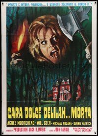 8y501 DEAR DEAD DELILAH Italian 1p '74 Piovano art of scared girl over creepy house in the woods!