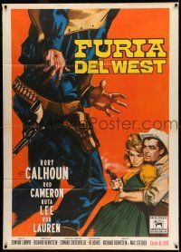 8y540 GUN HAWK Italian 1p '64 Putzu art of cowboy Rory Calhoun protecting woman from bad guy!