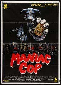 8y618 MANIAC COP Italian 1p '91 cool different artwork of him looming over New York City!