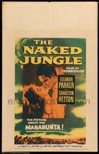 8y220 NAKED JUNGLE WC '54 romantic close up of Charlton Heston & Eleanor Parker, George Pal