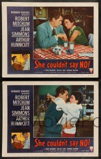 8z446 SHE COULDN'T SAY NO 8 LCs '54 sexy short-haired Jean Simmons, Dr. Robert Mitchum!