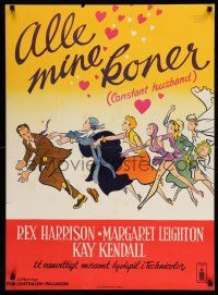 9b634 CONSTANT HUSBAND Danish '55 wacky art of Rex Harrison running from many women!