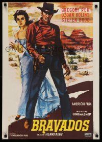 9b409 BRAVADOS Yugoslavian 20x28 '58 different art cowboy Gregory Peck with gun & Joan Collins!