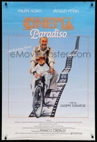 9c144 CINEMA PARADISO int'l 1sh '90 great image of Philippe Noiret & Salvatore Cascio on bike!