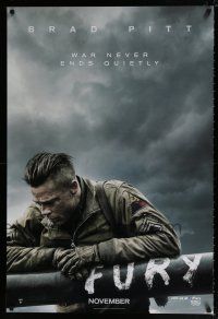 9c252 FURY teaser 1sh '14 great image of soldier Brad Pitt, war never ends quietly!