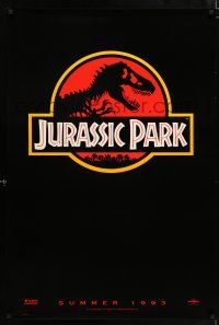 9c392 JURASSIC PARK teaser 1sh '93 Steven Spielberg, classic logo with T-Rex over red background!