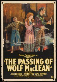 9c542 PASSING OF WOLF MACLEAN 1sh '24 stone litho of cowboy Jack Meehan with guns, woman & boy!