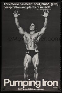 9c569 PUMPING IRON 1sh '77 Arnold Schwarzenegger, full-length image of young bodybuilder Ed Corney