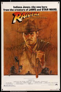 9c580 RAIDERS OF THE LOST ARK 1sh '81 great art of adventurer Harrison Ford by Richard Amsel!