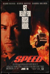 9c657 SPEED style A advance DS 1sh '94 huge close up of Keanu Reeves & bus driving through flames!