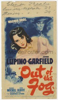 9d029 OUT OF THE FOG mini WC '41 art of sexy Ida Lupino & smoking John Garfield, film noir!