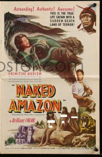 9d576 NAKED AMAZON pressbook '55 South American jungle adventure, art of girl trapped by anaconda!